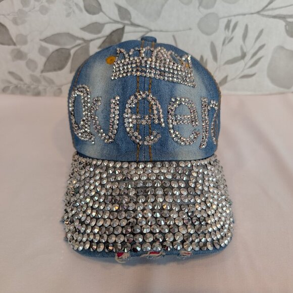 "QUEEN" with Crown Studded Blue Jean Distressed Baseball Cap Style Hat by NoLLia - Picture 4 of 8